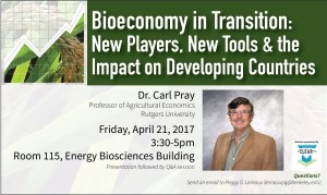 Flyer for Dr. Carl Pray's talk on April 21, 2017.